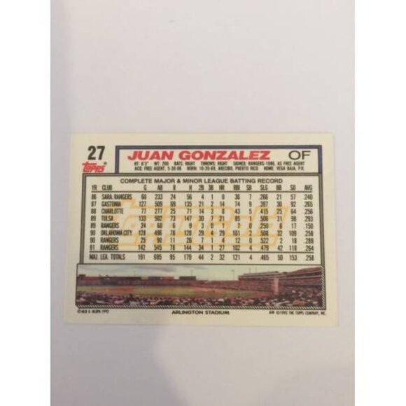 1992 Topps Juan Gonzalez IP Autograph #27 (035) - Picture 2 of 2